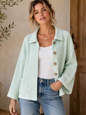 Mint Green Cotton Waffle Knit Oversized Button Jacket